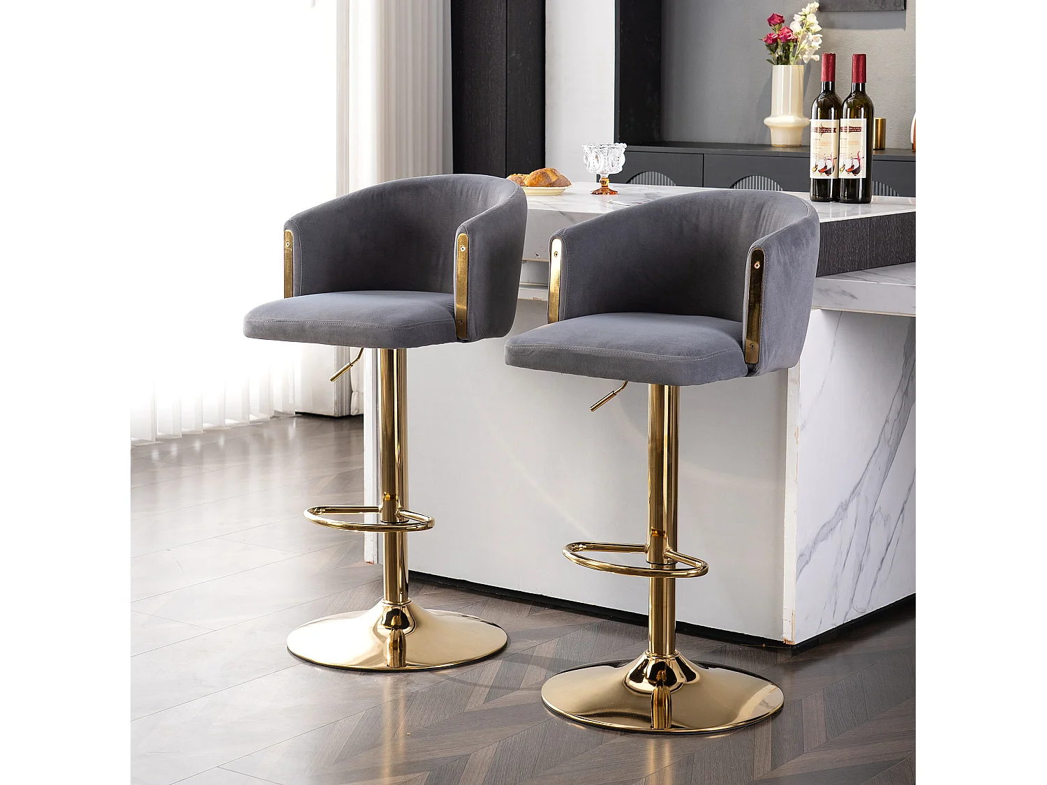 Lot de 2 tabourets de bar pivotants en velours gris, réglable en hauteur, cadre en métal doré