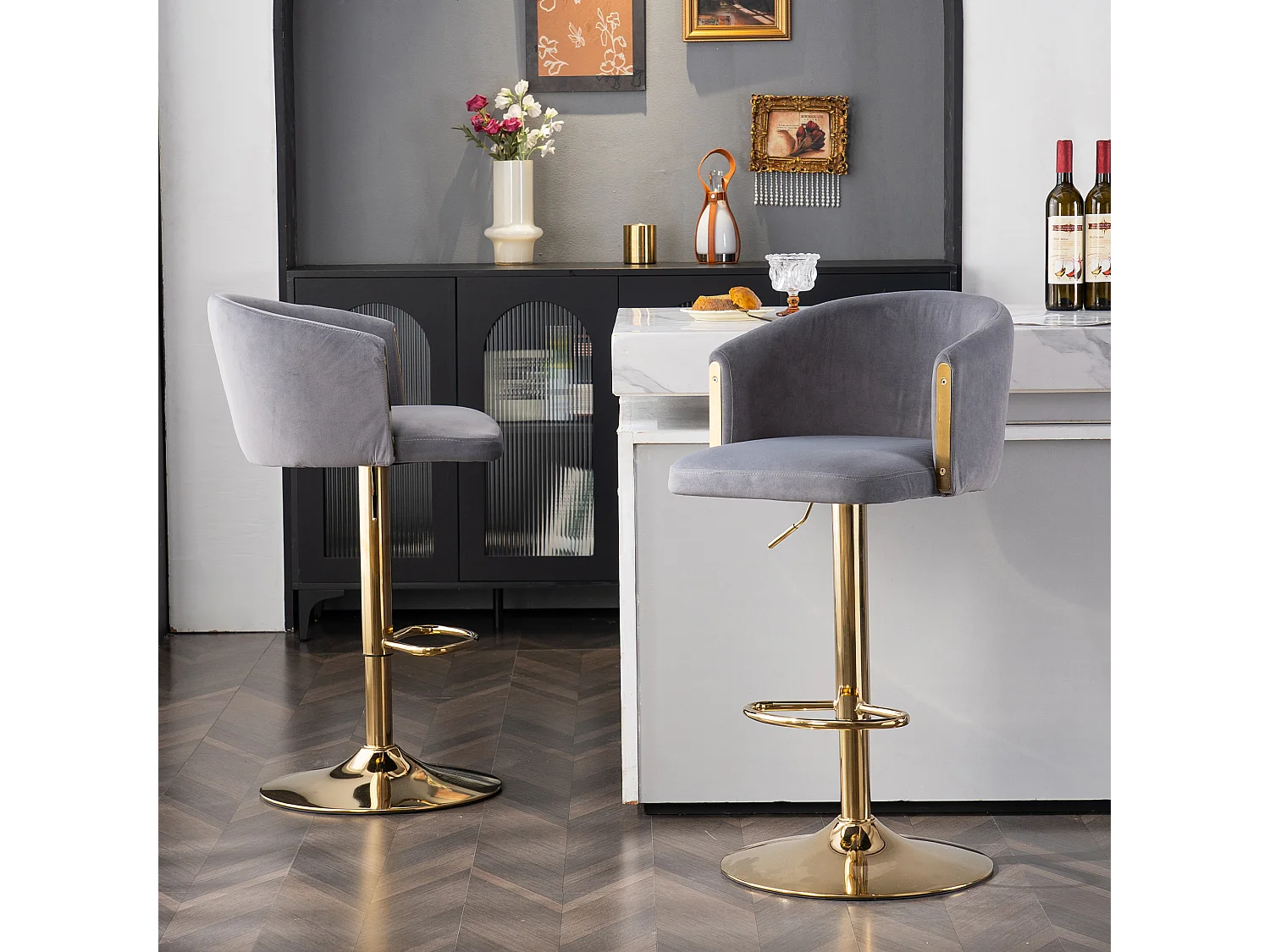 Lot de 2 tabourets de bar pivotants en velours gris, réglable en hauteur, cadre en métal doré