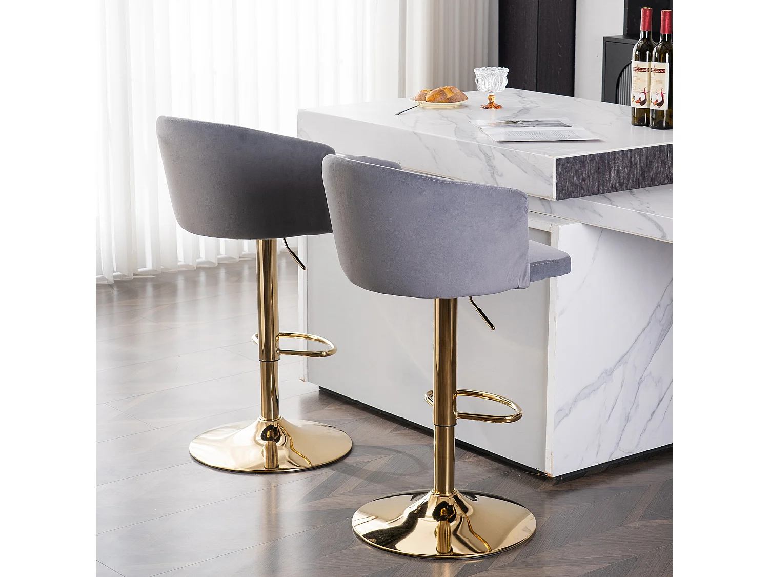 Lot de 2 tabourets de bar pivotants en velours gris, réglable en hauteur, cadre en métal doré