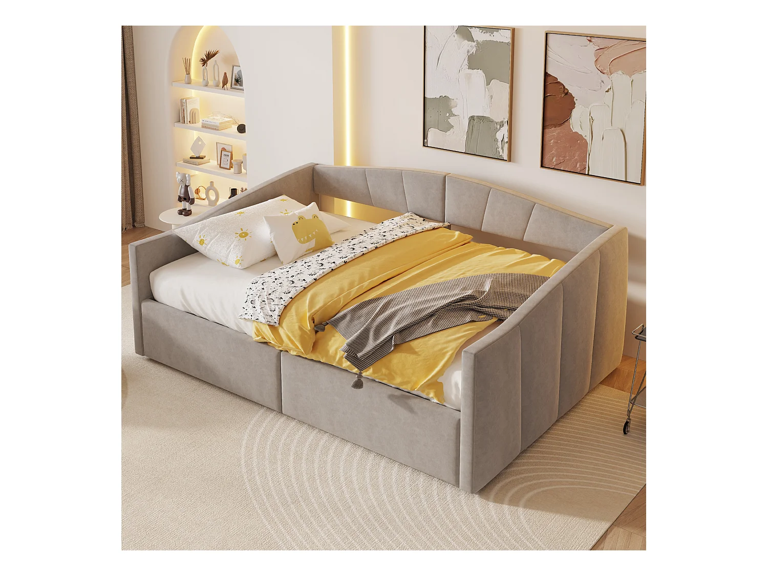 Lit coffre adulte, lit banquette 140x200cm gris clair en velours, sommier à lattes, sans matelas