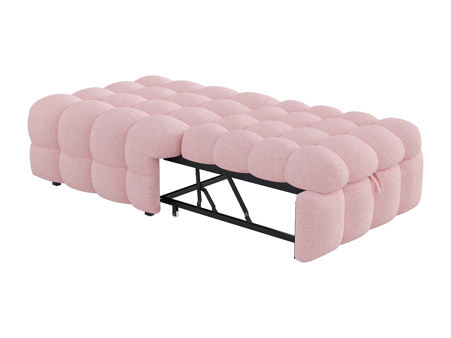 Lit enfant 70x100/180cm convertible en pouf, tissu en Teddy rose, cadre en métal, sans matelas