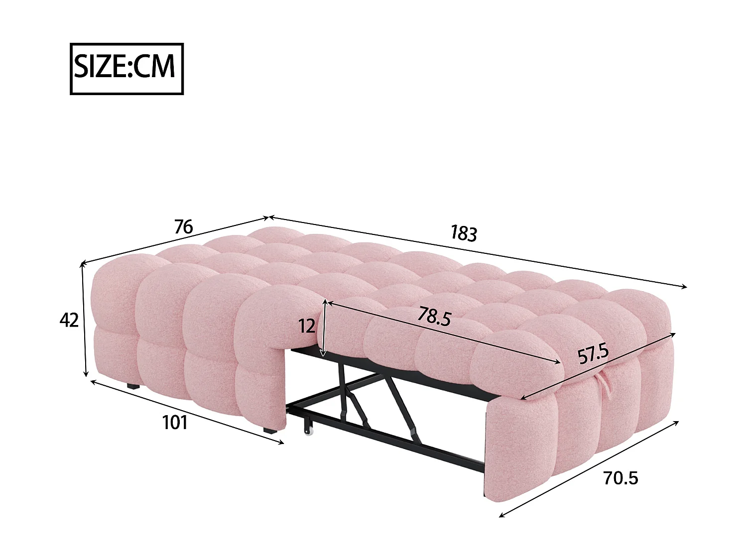 Lit enfant 70x100/180cm convertible en pouf, tissu en Teddy rose, cadre en métal, sans matelas