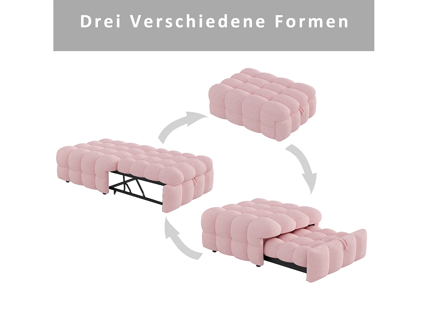 Lit enfant 70x100/180cm convertible en pouf, tissu en Teddy rose, cadre en métal, sans matelas