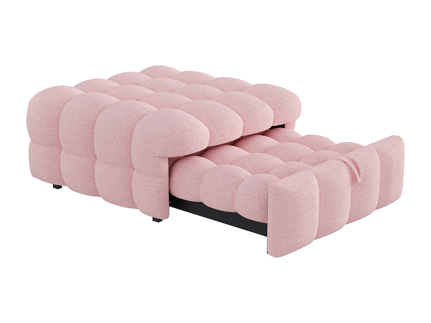 Lit enfant 70x100/180cm convertible en pouf, tissu en Teddy rose, cadre en métal, sans matelas