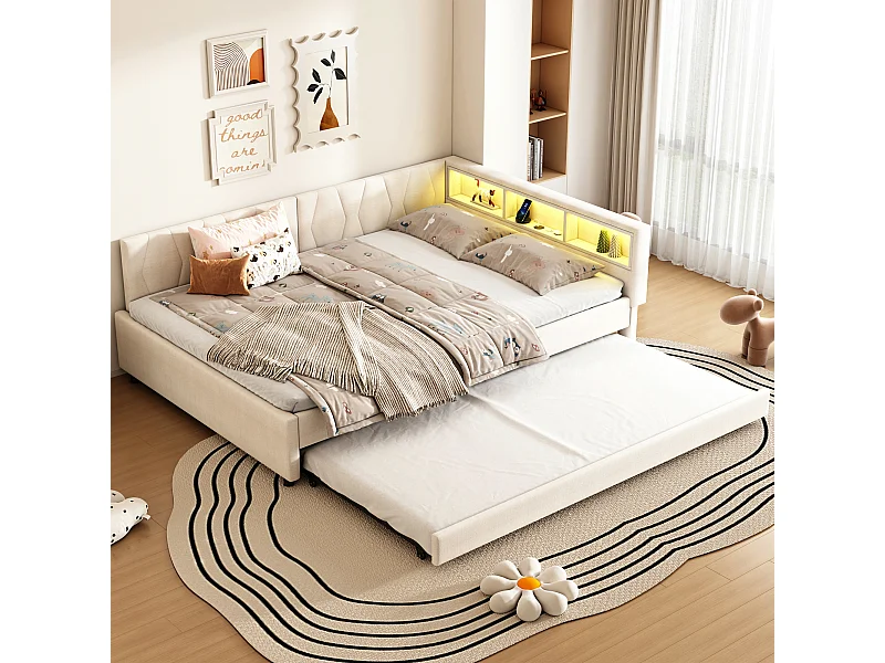 Volwassen slaapbank 140x200cm beige linnen met uitschuifbed 90x190cm, LED en USB, lattenbodem, zonder matras