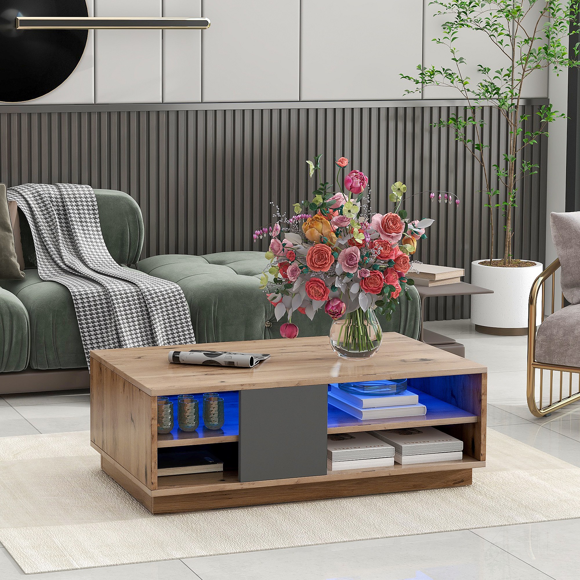 Table basse rectangle 100x60x35cm avec 4 niches, corps en placage ...