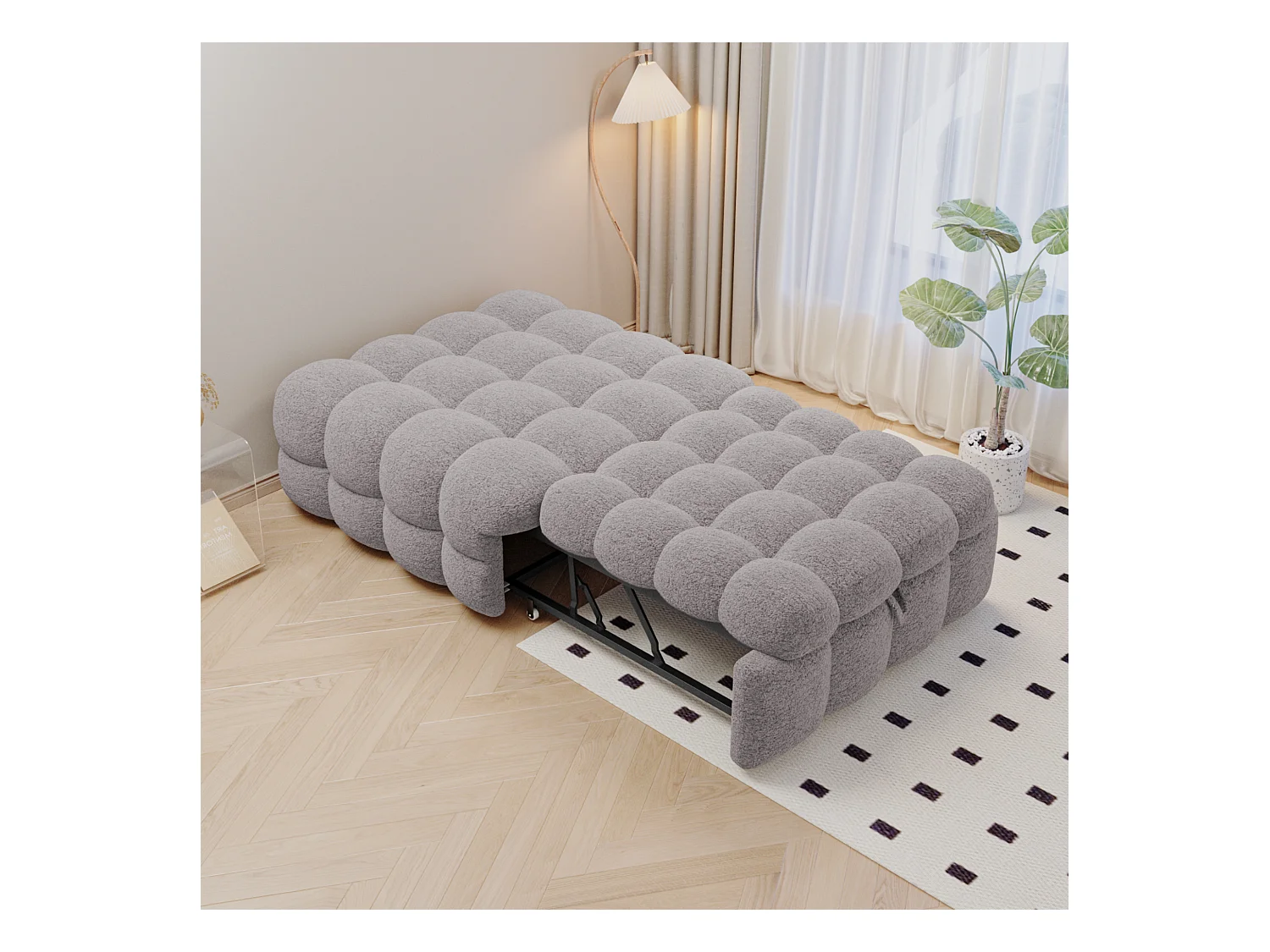 Lit enfant 70x100/180cm convertible en pouf, tissu en Teddy gris clair, cadre en métal, sans matelas