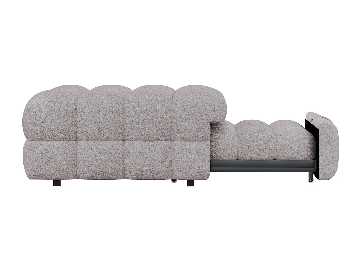 Lit enfant 70x100/180cm convertible en pouf, tissu en Teddy gris clair, cadre en métal, sans matelas