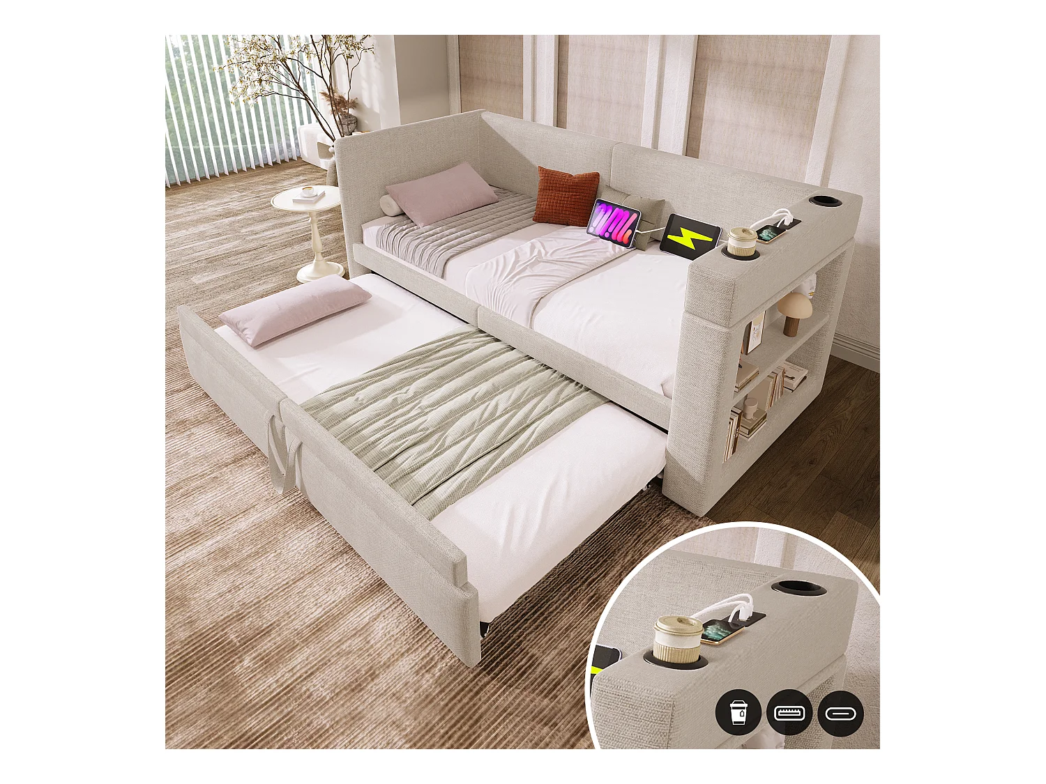 Lit banquette enfant 90/180x200cm convertible, tissu en coton lin beige, Ports USB et Type -C inclus, sans matelas