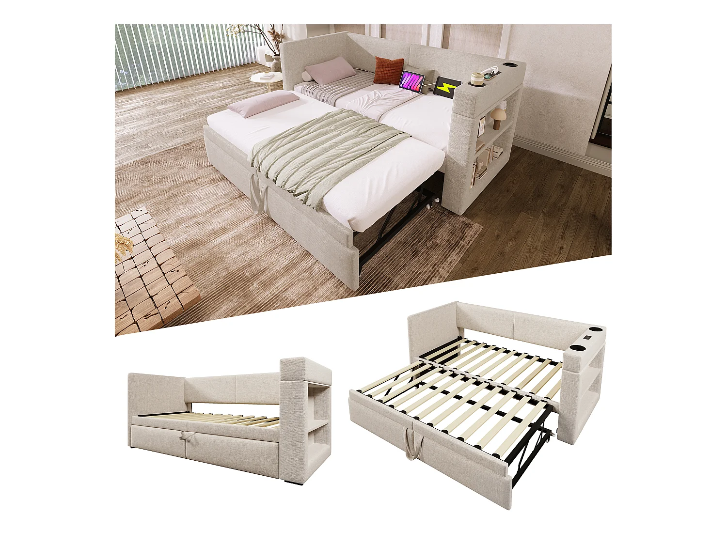 Lit banquette enfant 90/180x200cm convertible, tissu en coton lin beige, Ports USB et Type -C inclus, sans matelas