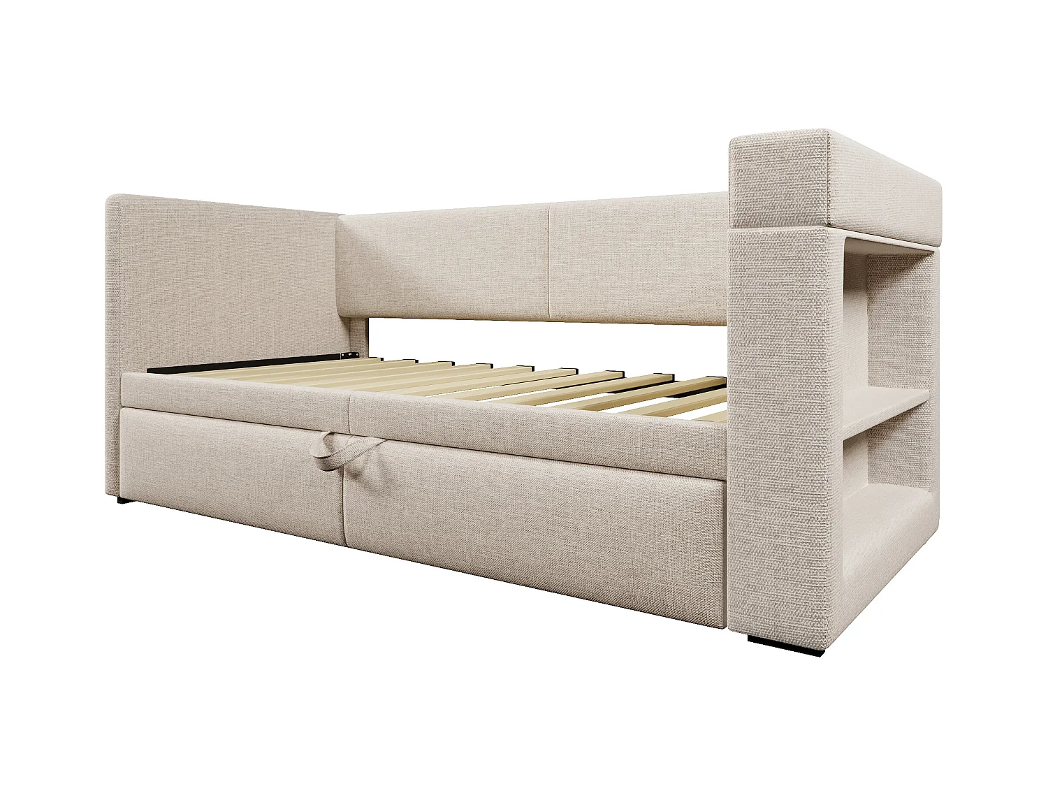 Lit banquette enfant 90/180x200cm convertible, tissu en coton lin beige, Ports USB et Type -C inclus, sans matelas