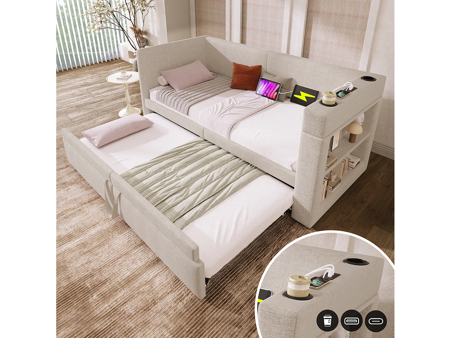 Kinderslaapbank 90/180x200cm omvormbaar, beige katoenen linnen stof, USB- en Type-C-aansluitingen inbegrepen, zonder matras