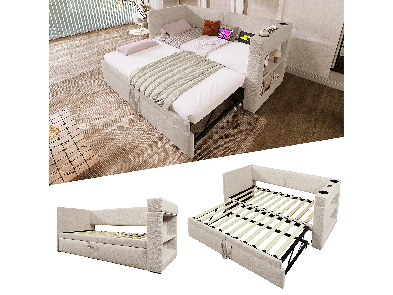 Kinderslaapbank 90/180x200cm omvormbaar, beige katoenen linnen stof, USB- en Type-C-aansluitingen inbegrepen, zonder matras