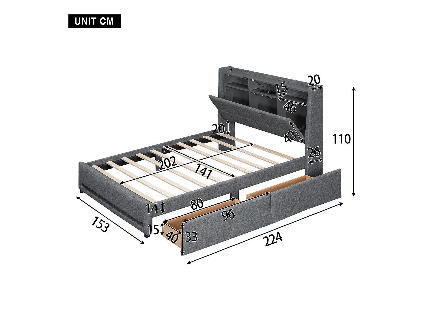 Lit adulte 140 x 200 cm, lit double capitonné avec 2 tiroirs, prises et USB, éclairage LED, sans matelas, lin, gris