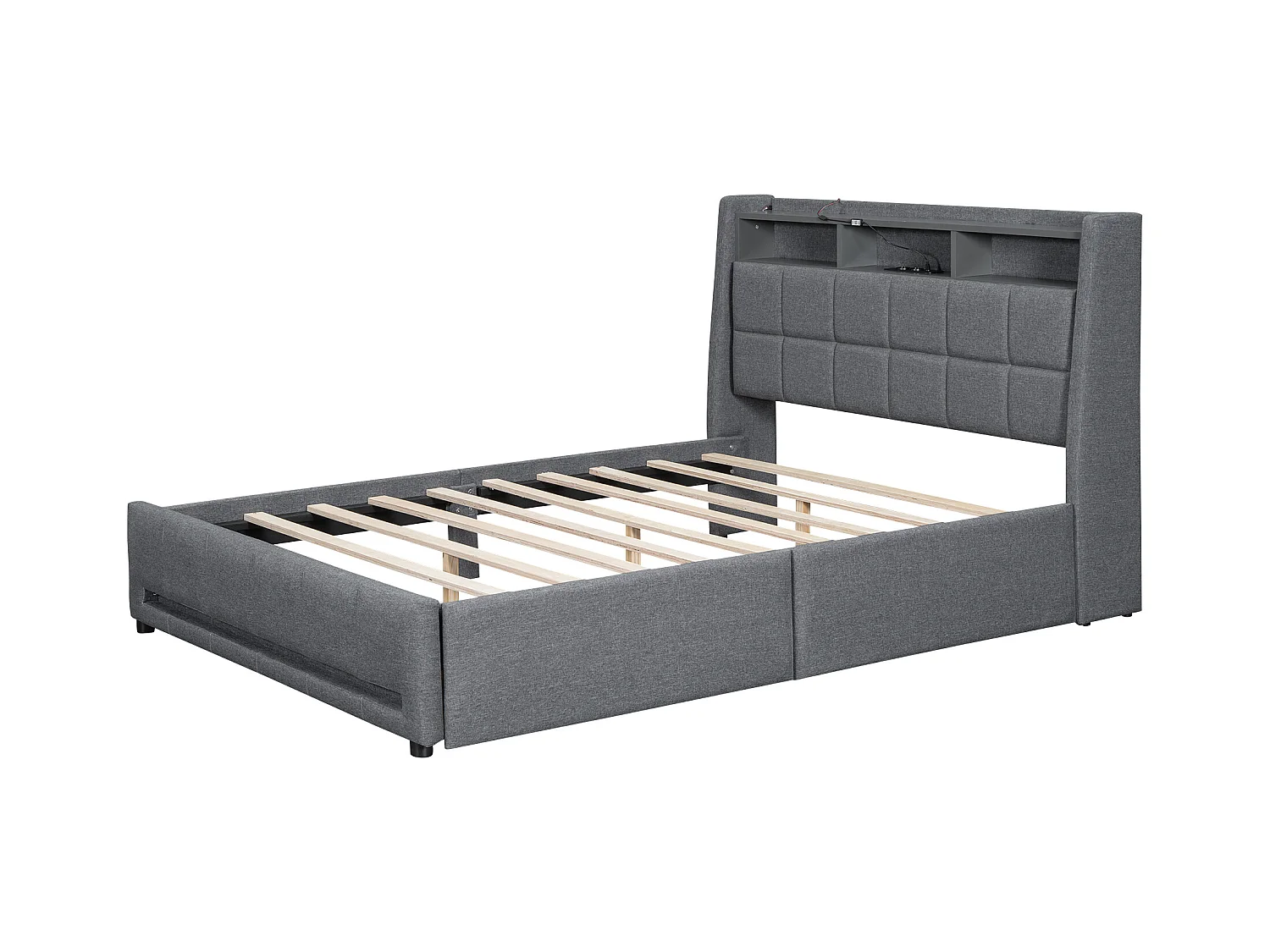 Lit adulte 140 x 200 cm, lit double capitonné avec 2 tiroirs, prises et USB, éclairage LED, sans matelas, lin, gris