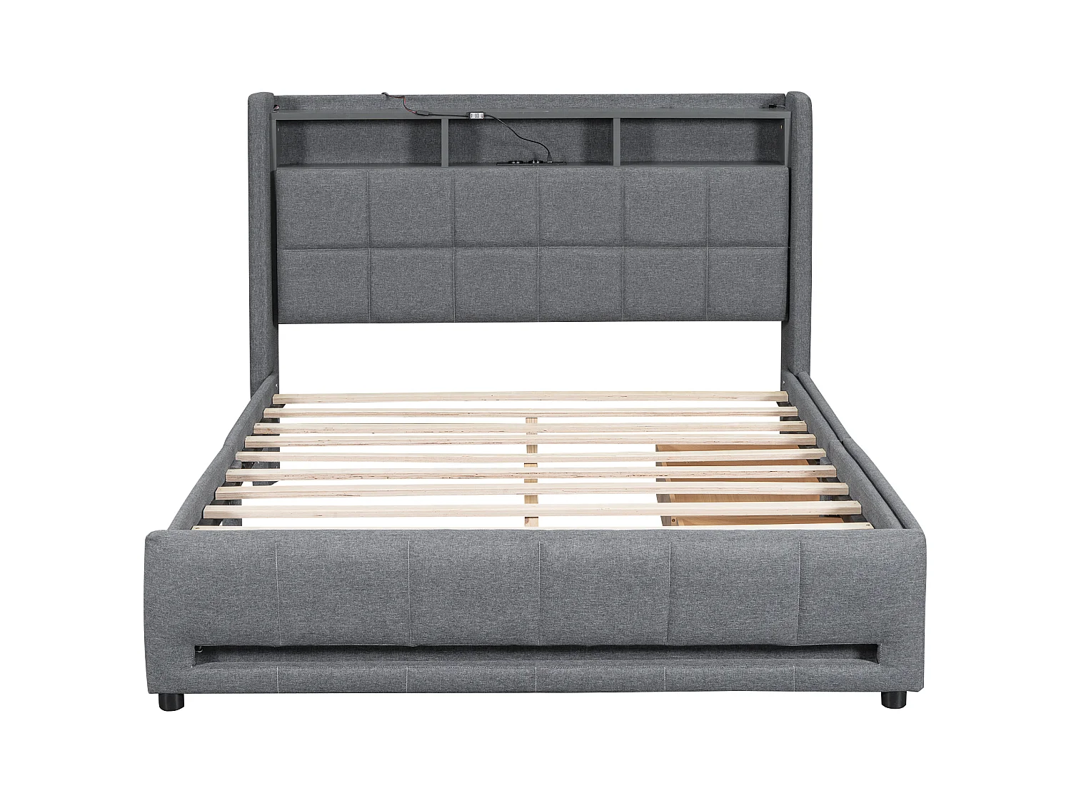 Lit adulte 140 x 200 cm, lit double capitonné avec 2 tiroirs, prises et USB, éclairage LED, sans matelas, lin, gris