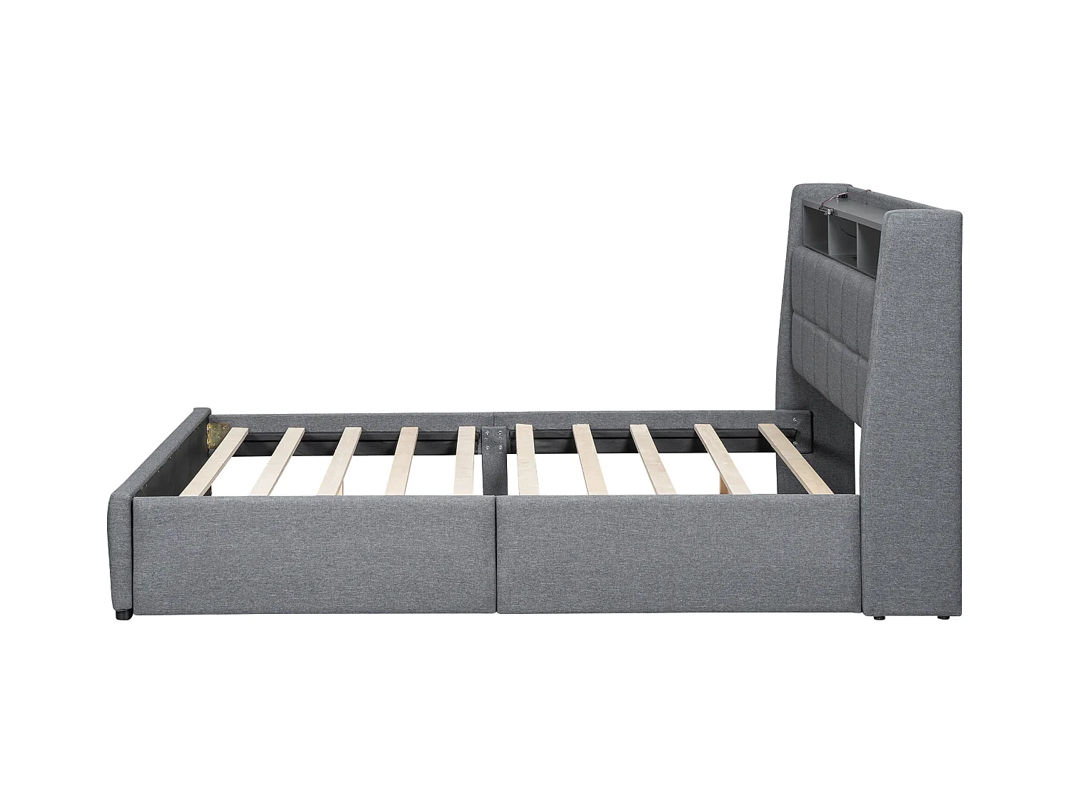 Lit adulte 140 x 200 cm, lit double capitonné avec 2 tiroirs, prises et USB, éclairage LED, sans matelas, lin, gris