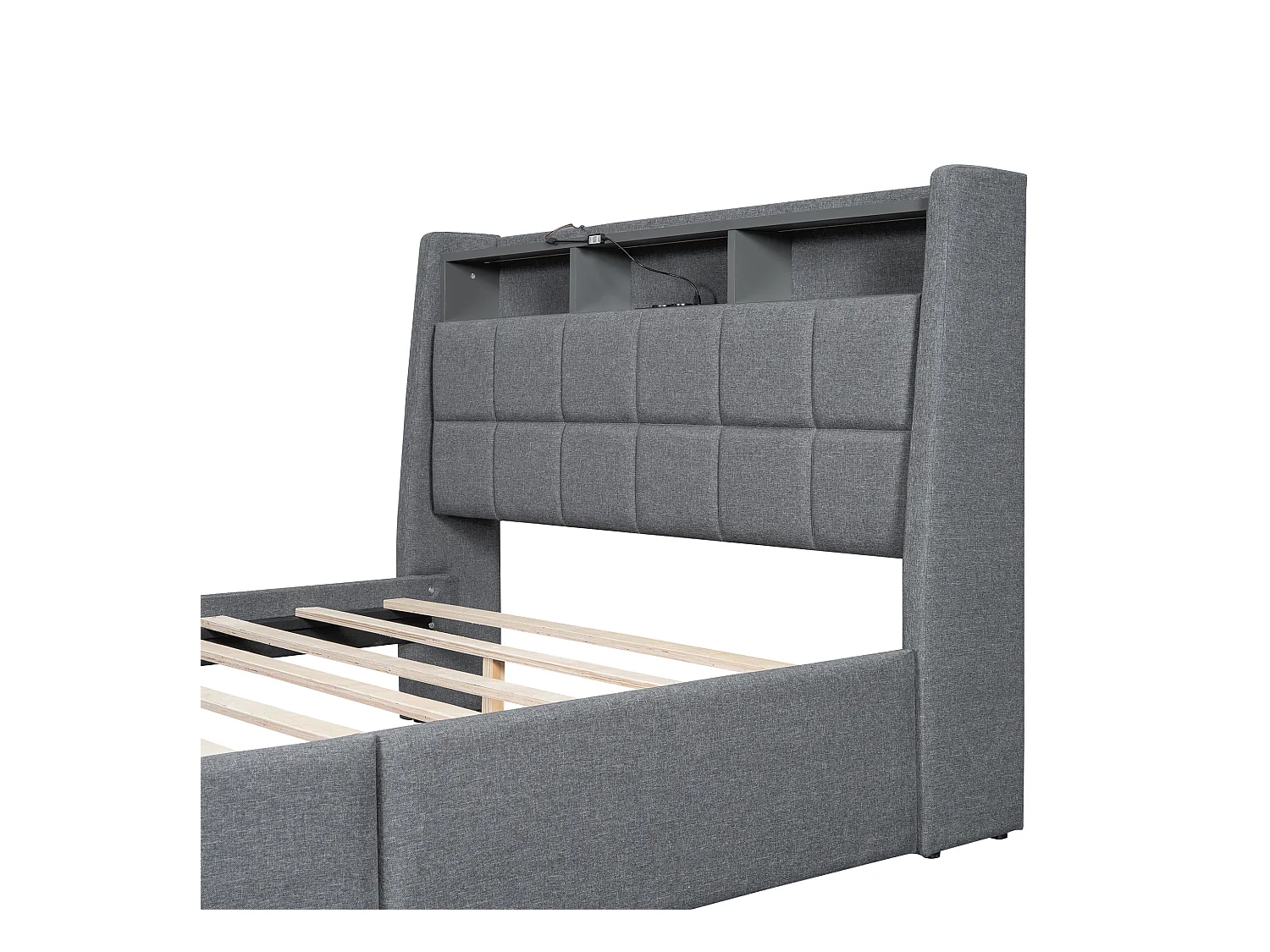 Lit adulte 140 x 200 cm, lit double capitonné avec 2 tiroirs, prises et USB, éclairage LED, sans matelas, lin, gris