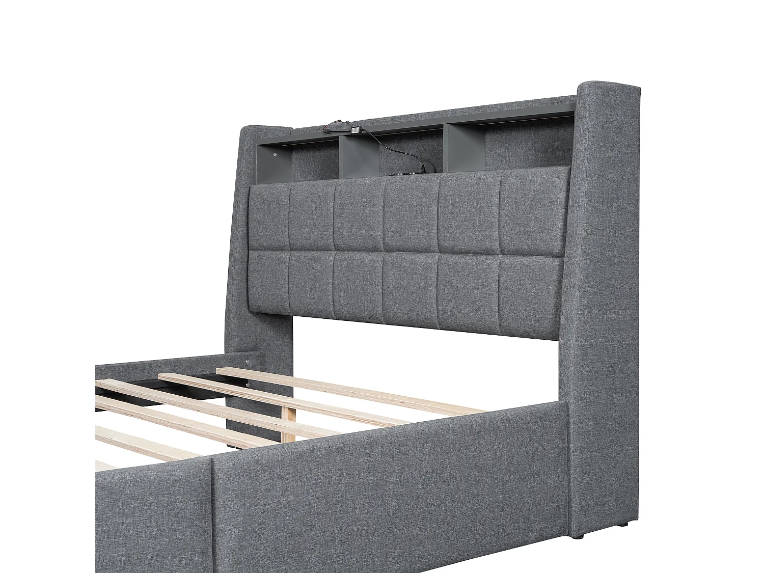 Lit adulte 140 x 200 cm, lit double capitonné avec 2 tiroirs, prises et USB, éclairage LED, sans matelas, lin, gris