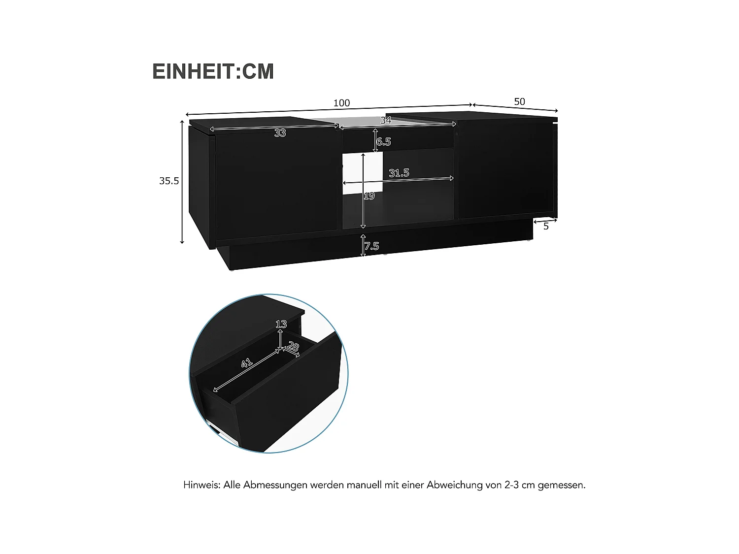Table basse rectangle 100x50x35.5cm avec 2 tiroirs latéraux et plateau en verre, LED, noir
