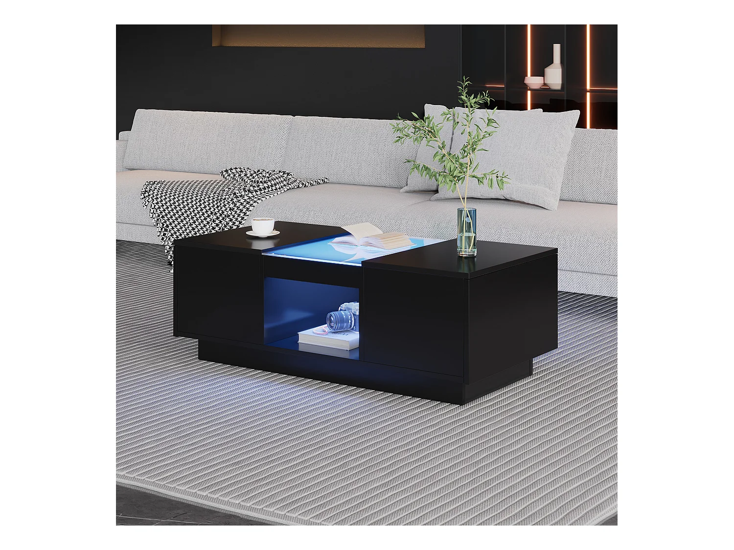 Table basse rectangle 100x50x35.5cm avec 2 tiroirs latéraux et plateau en verre, LED, noir