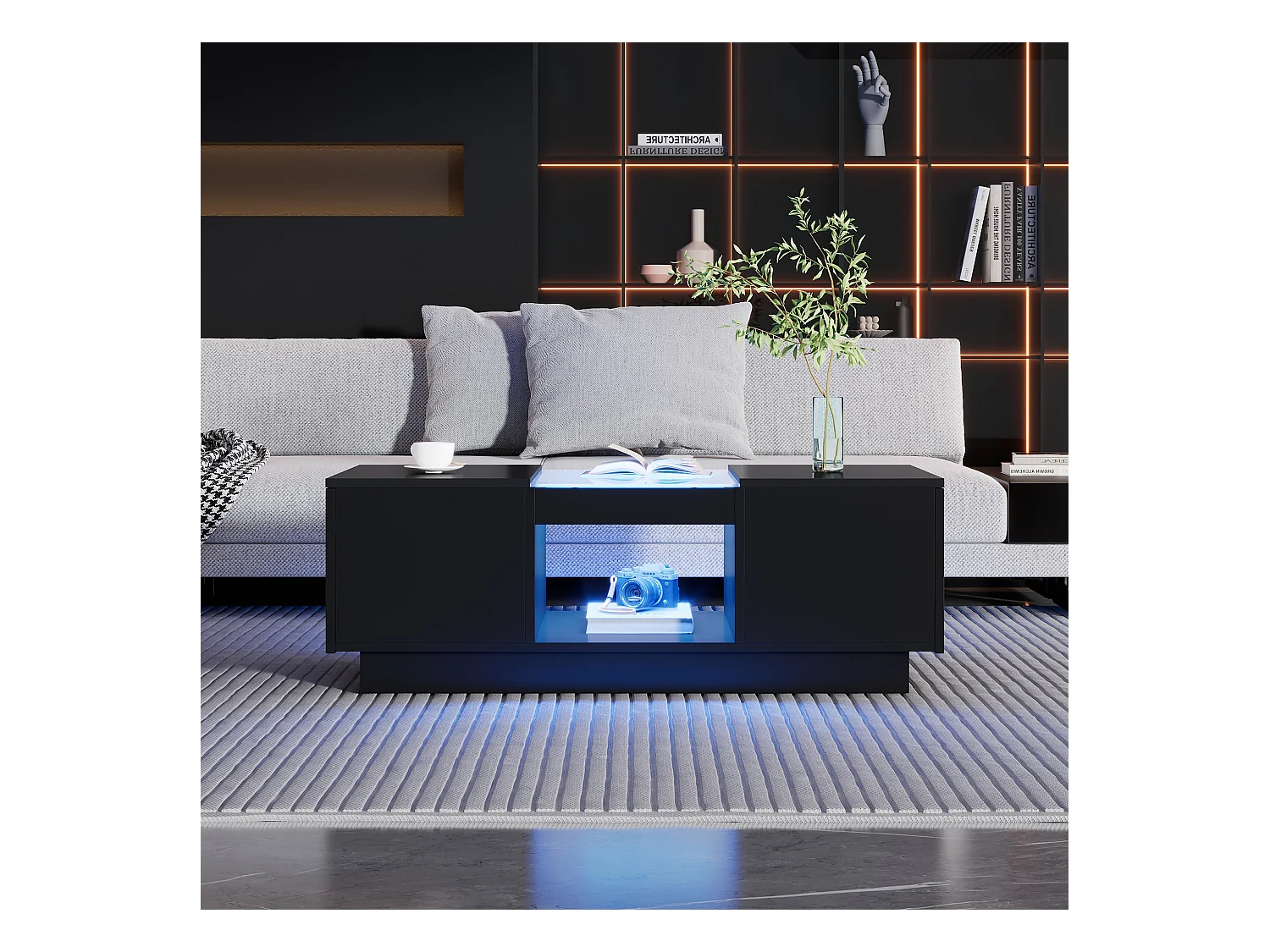Table basse rectangle 100x50x35.5cm avec 2 tiroirs latéraux et plateau en verre, LED, noir