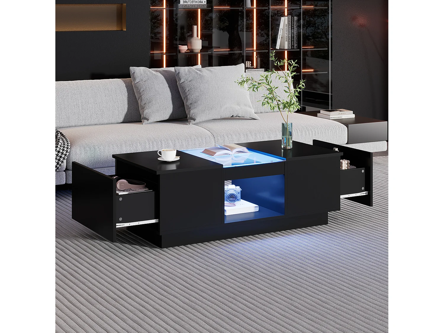 Table basse rectangle 100x50x35.5cm avec 2 tiroirs latéraux et plateau en verre, LED, noir