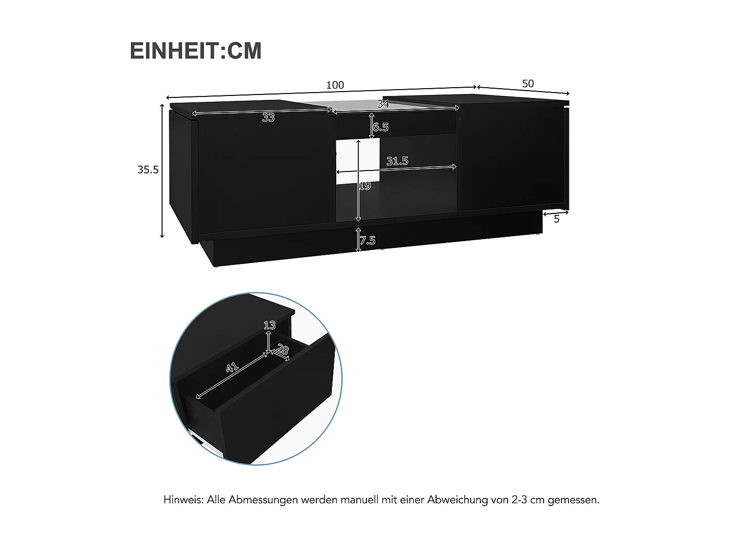 Table basse rectangle 100x50x35.5cm avec 2 tiroirs latéraux et plateau en verre, LED, noir