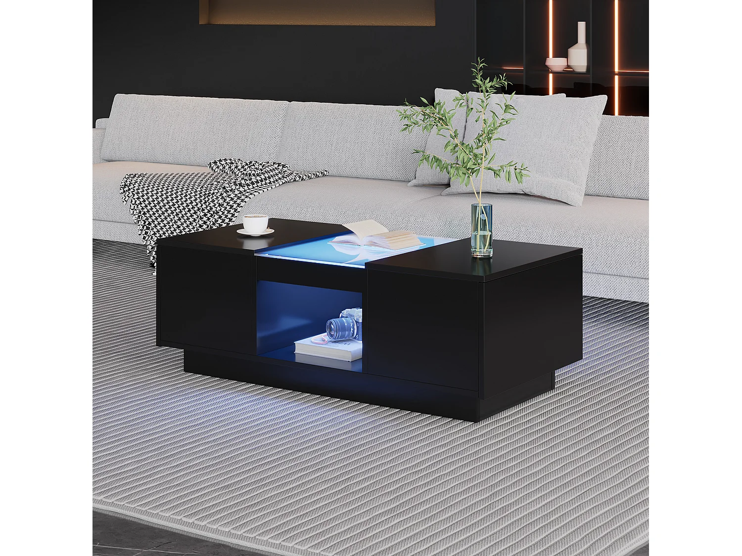 Table basse rectangle 100x50x35.5cm avec 2 tiroirs latéraux et plateau en verre, LED, noir