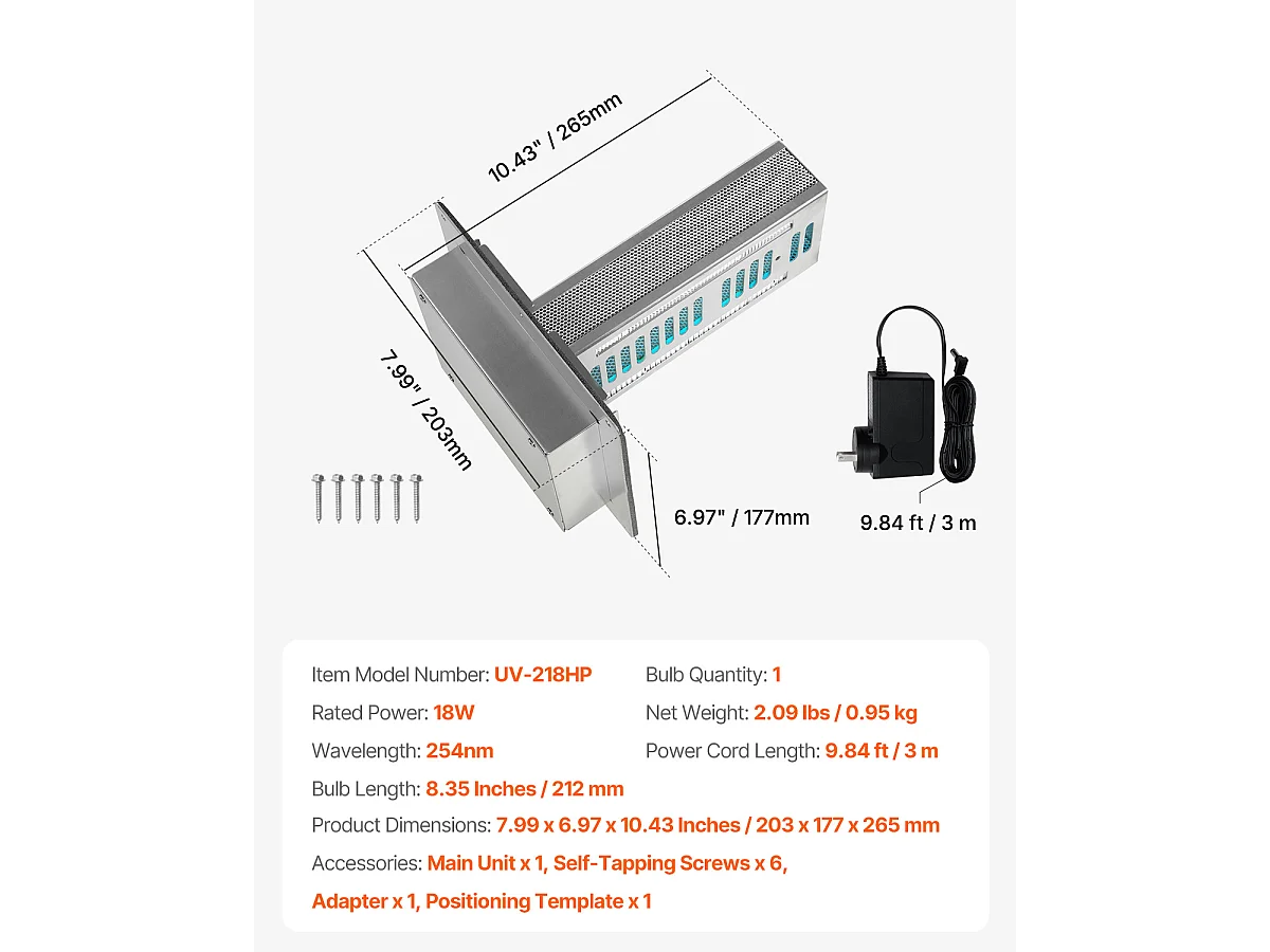 Purificateur d'Air SucceBuy HVAC 18 W 23cm pour Toute la Maison Éclairage de Conduit Technologie PCO