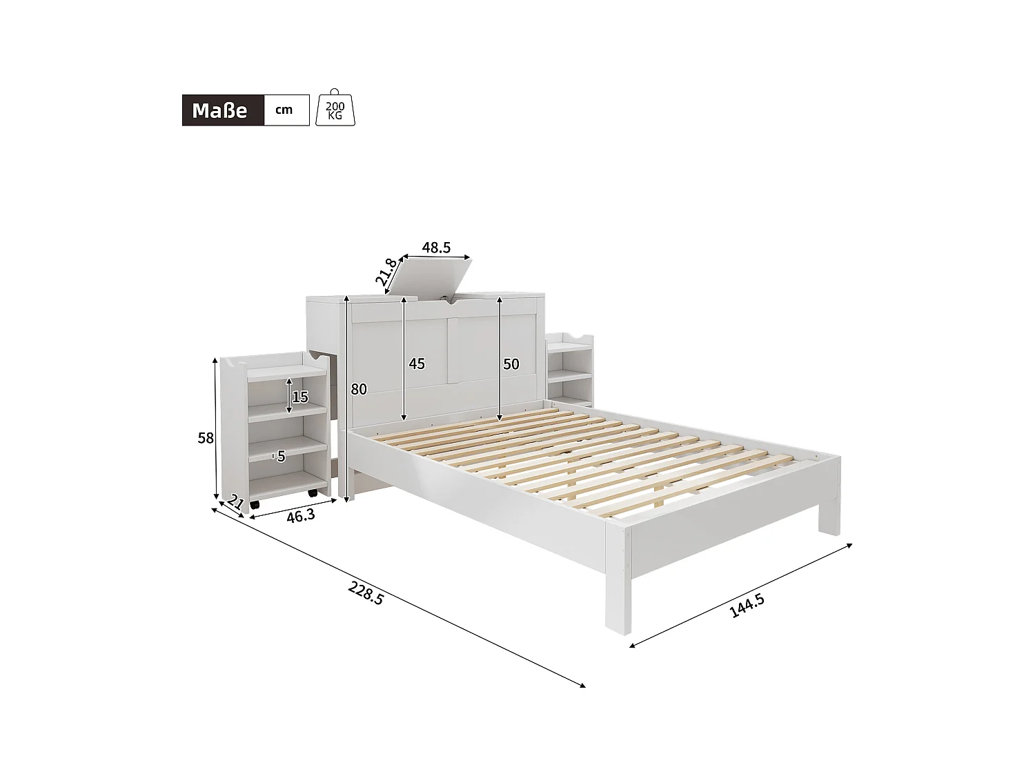 Lit adulte 140x200cm avec deux chevets escamotables et tête de lit de rangement, sommier à lattes, sans matelas, blanc
