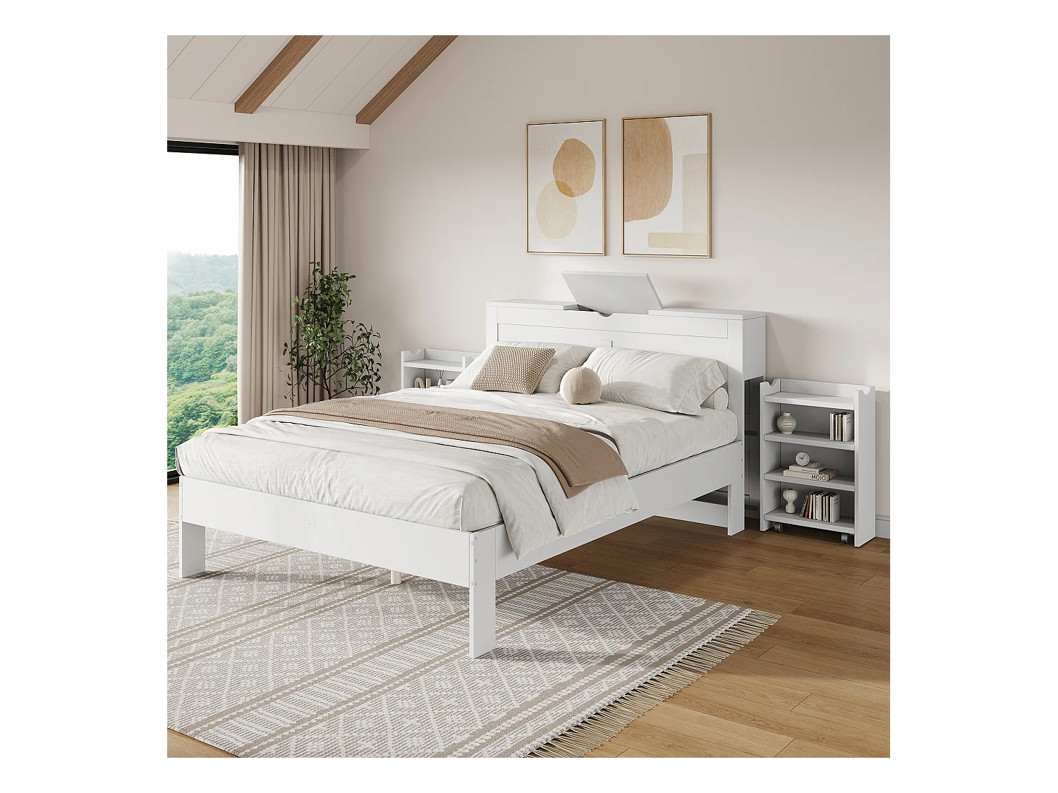 Lit adulte 140x200cm avec deux chevets escamotables et tête de lit de rangement, sommier à lattes, sans matelas, blanc