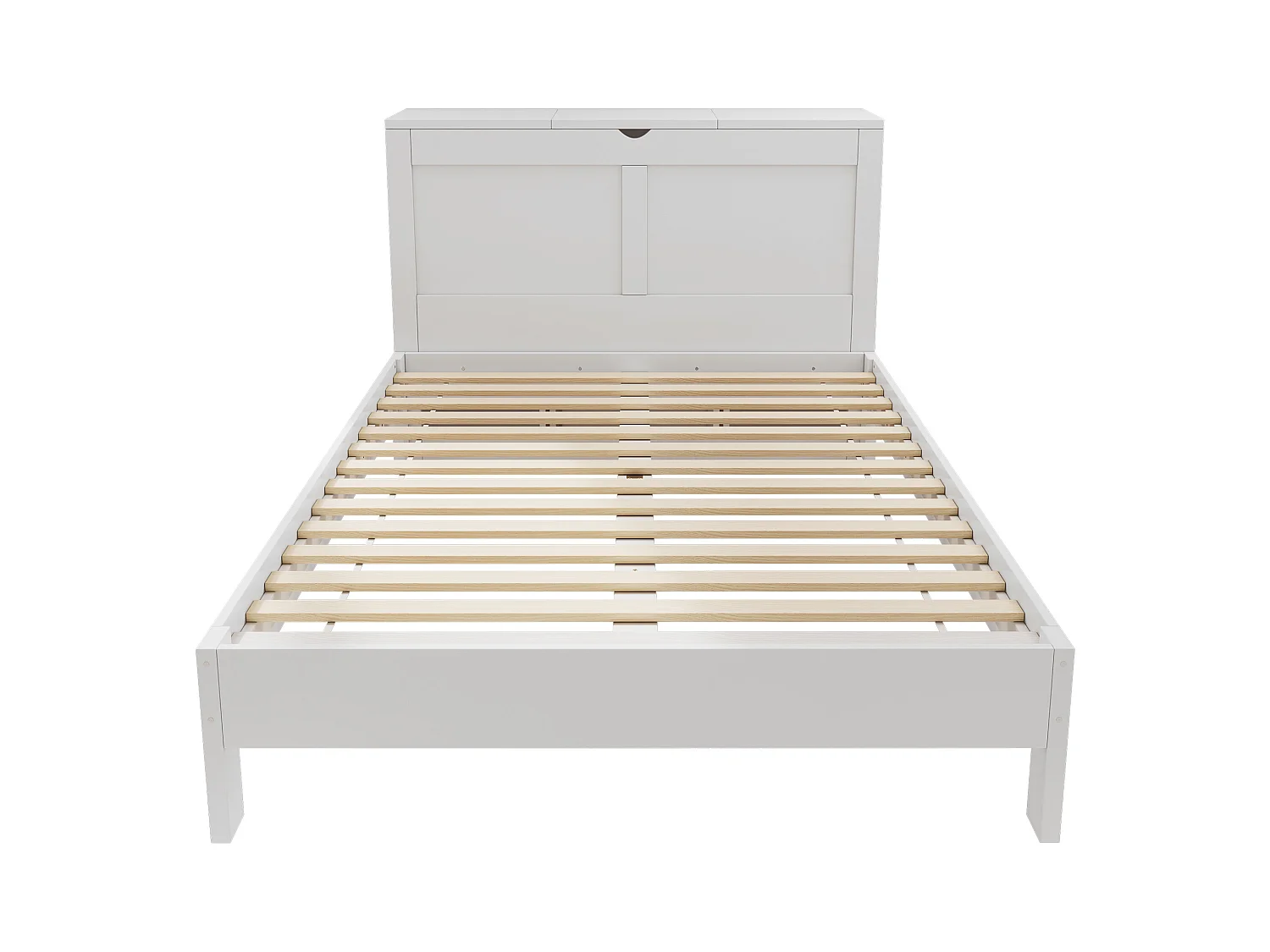 Lit adulte 140x200cm avec deux chevets escamotables et tête de lit de rangement, sommier à lattes, sans matelas, blanc