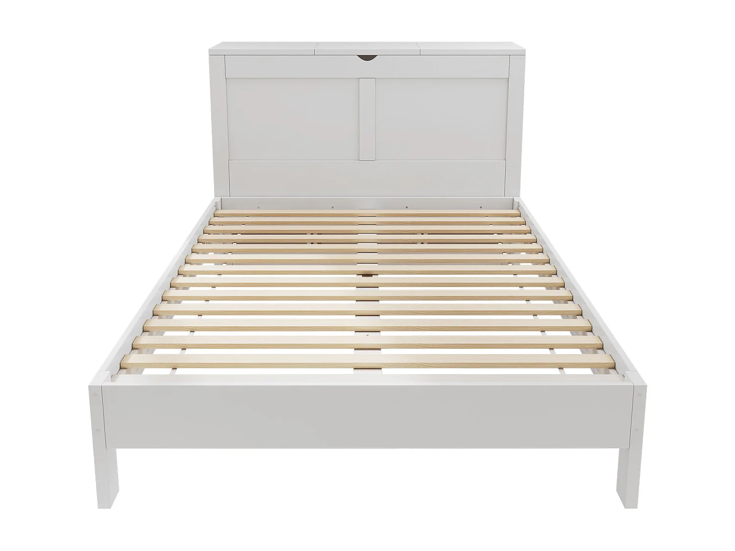 Lit adulte 140x200cm avec deux chevets escamotables et tête de lit de rangement, sommier à lattes, sans matelas, blanc