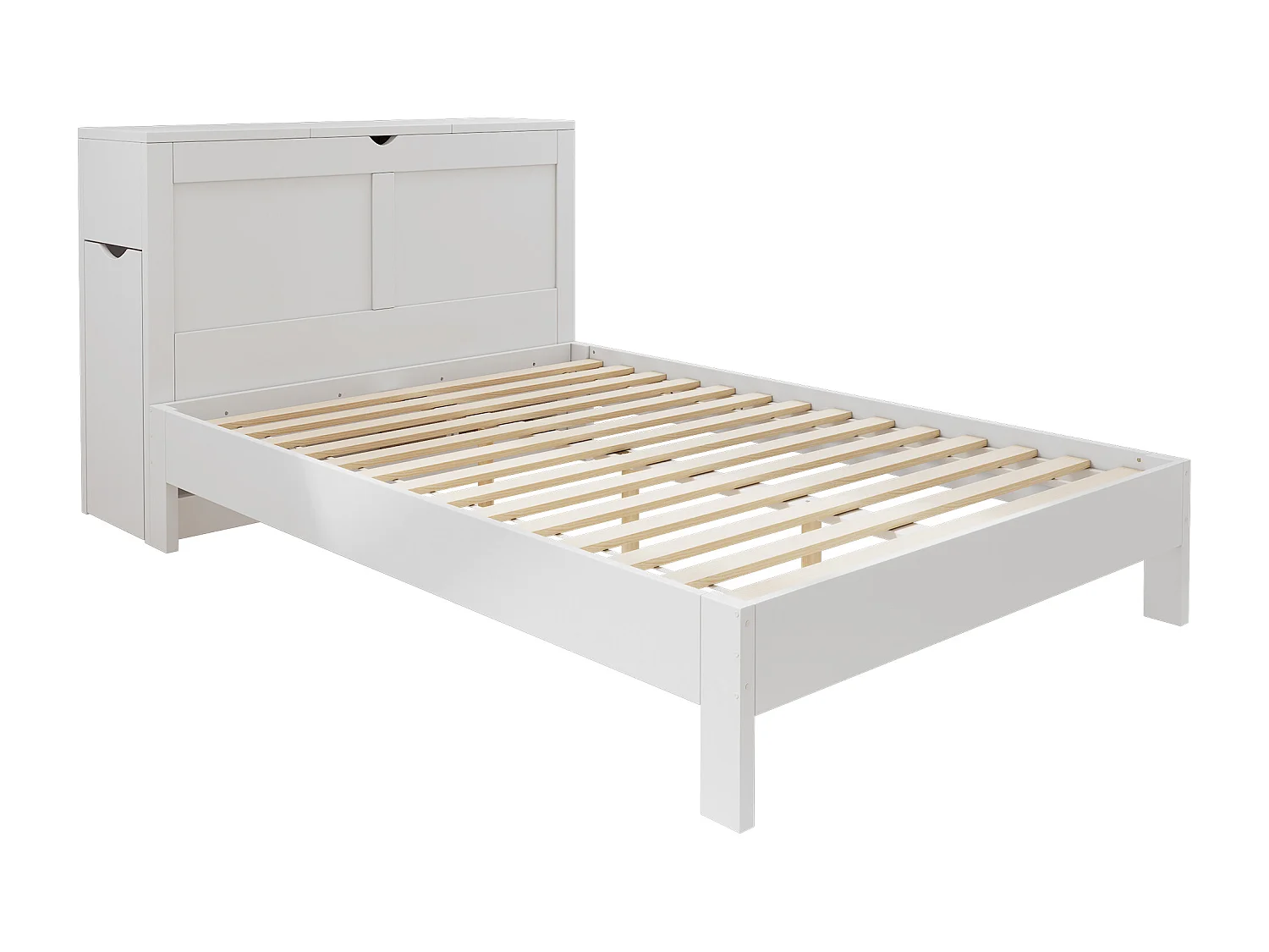 Lit adulte 140x200cm avec deux chevets escamotables et tête de lit de rangement, sommier à lattes, sans matelas, blanc