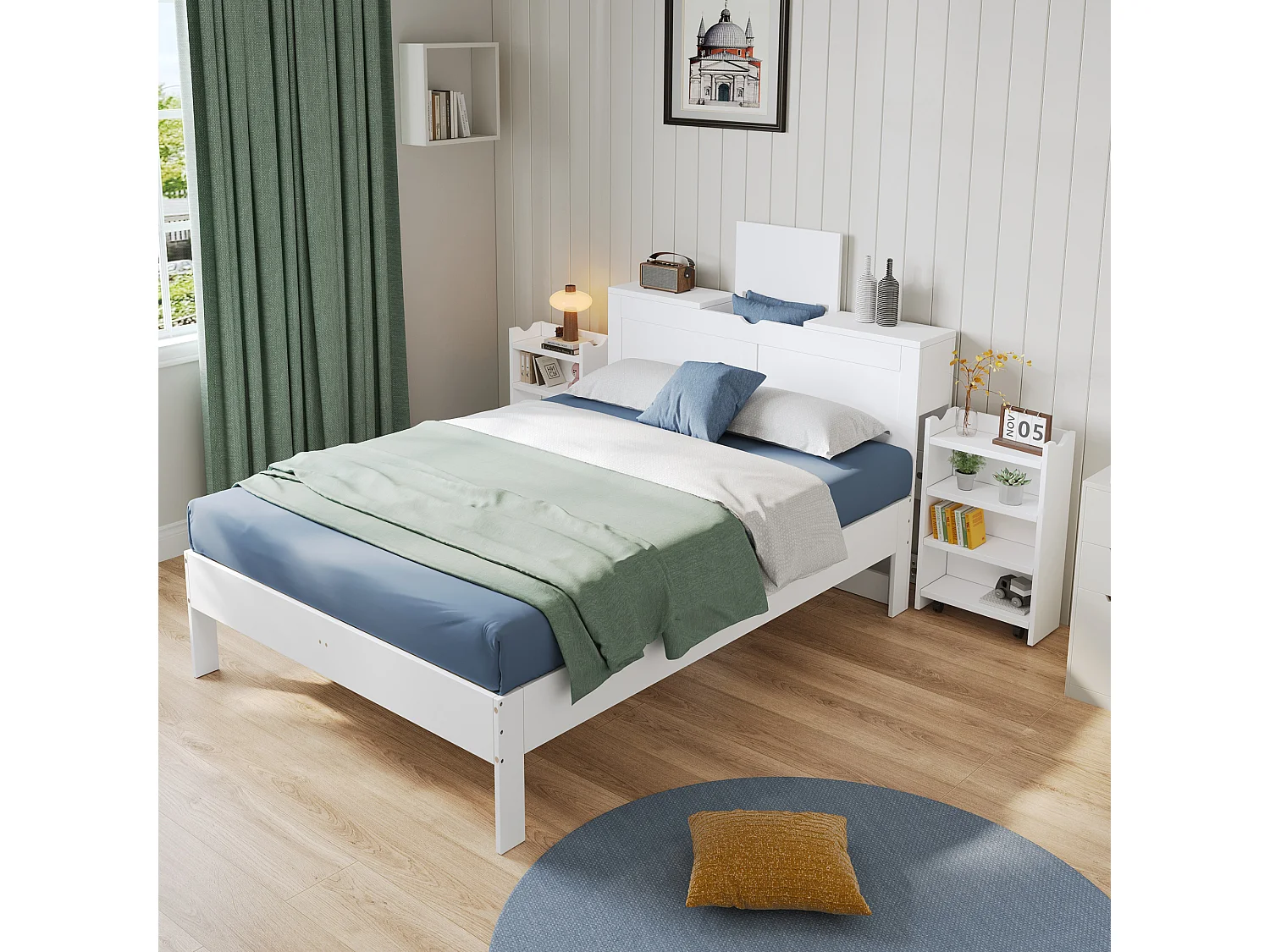 Volwassen bed 140x200cm met twee opklapbare nachtkastjes en opberghoofdeinde, lattenbodem, zonder matras, wit