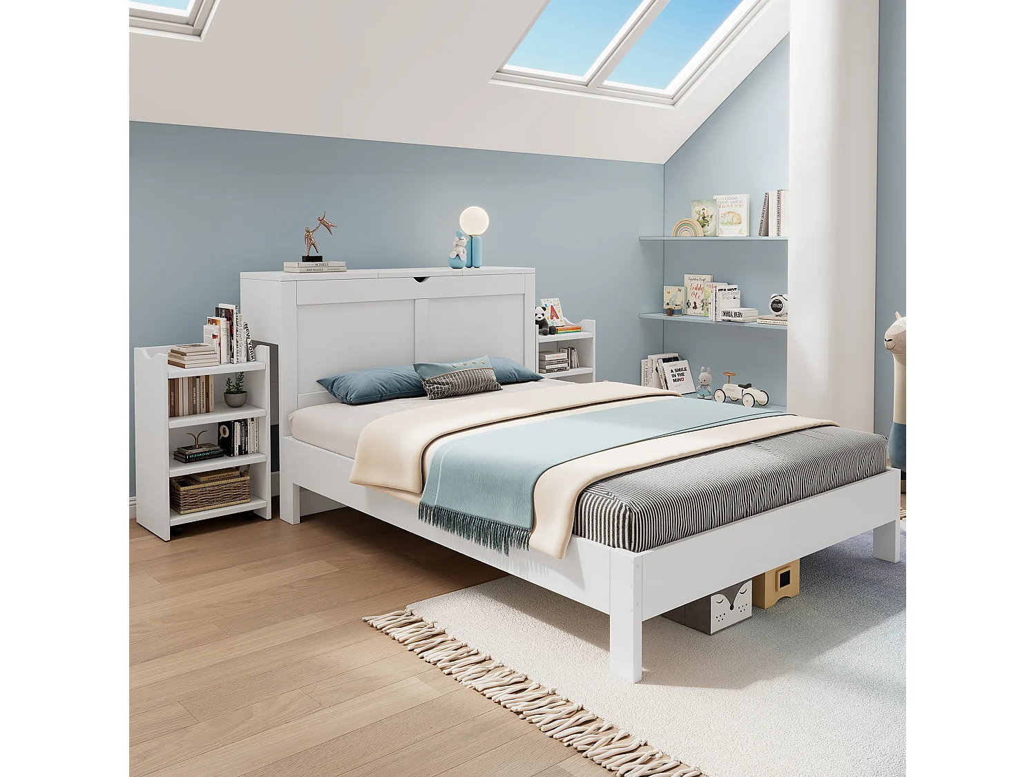 Volwassen bed 140x200cm met twee opklapbare nachtkastjes en opberghoofdeinde, lattenbodem, zonder matras, wit