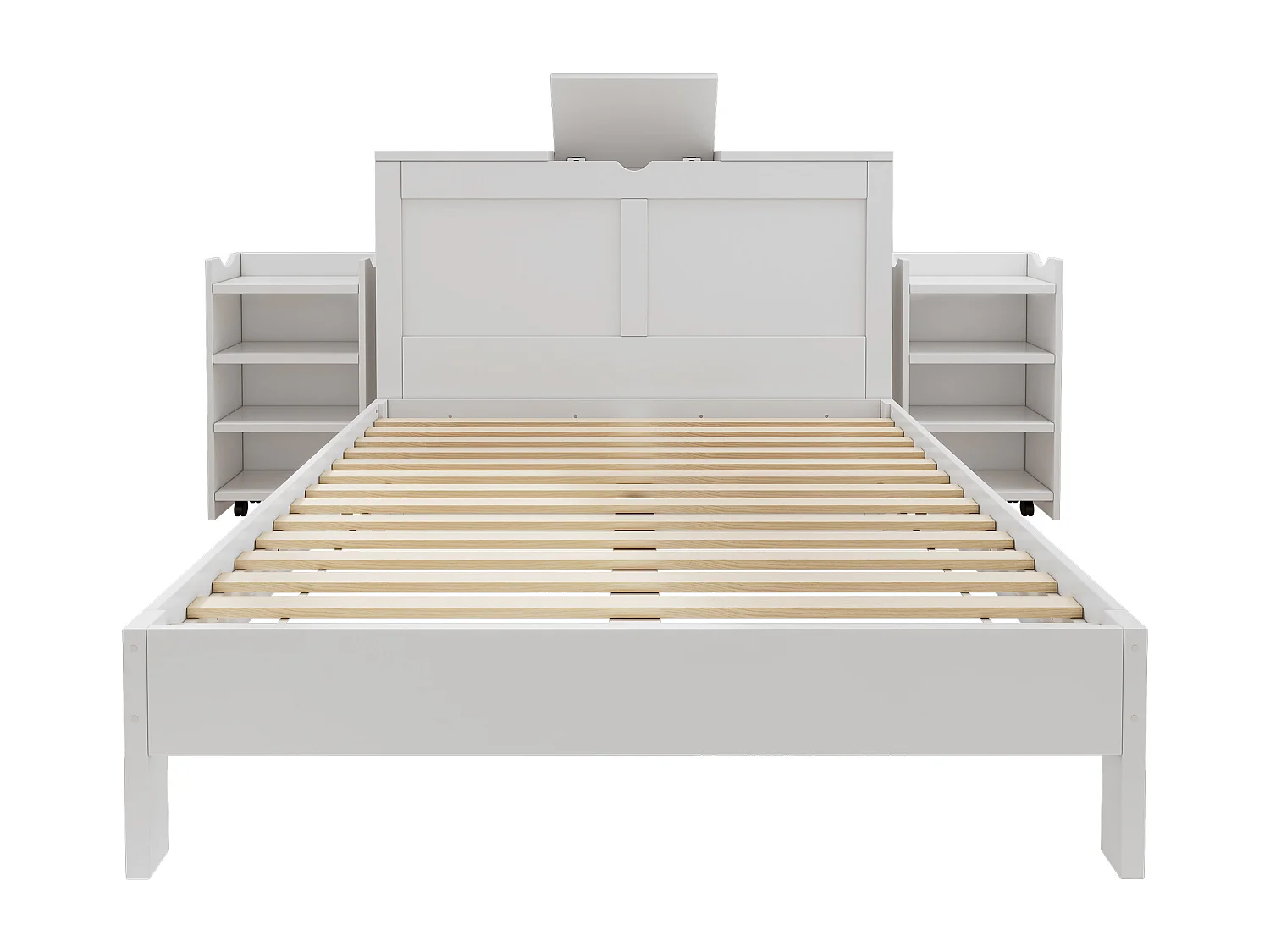 Volwassen bed 140x200cm met twee opklapbare nachtkastjes en opberghoofdeinde, lattenbodem, zonder matras, wit