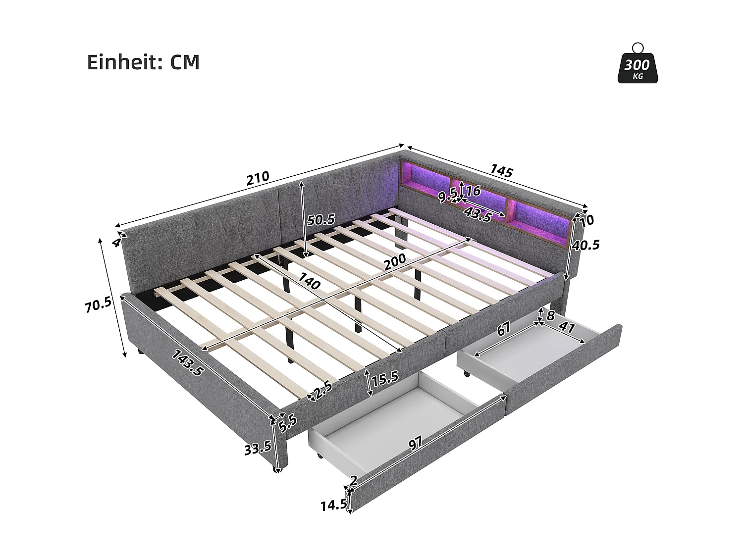 Lit banquette adulte 140x200cm gris en lin avec 2 tiroirs, LED et USB, sommier à lattes, sans matelas