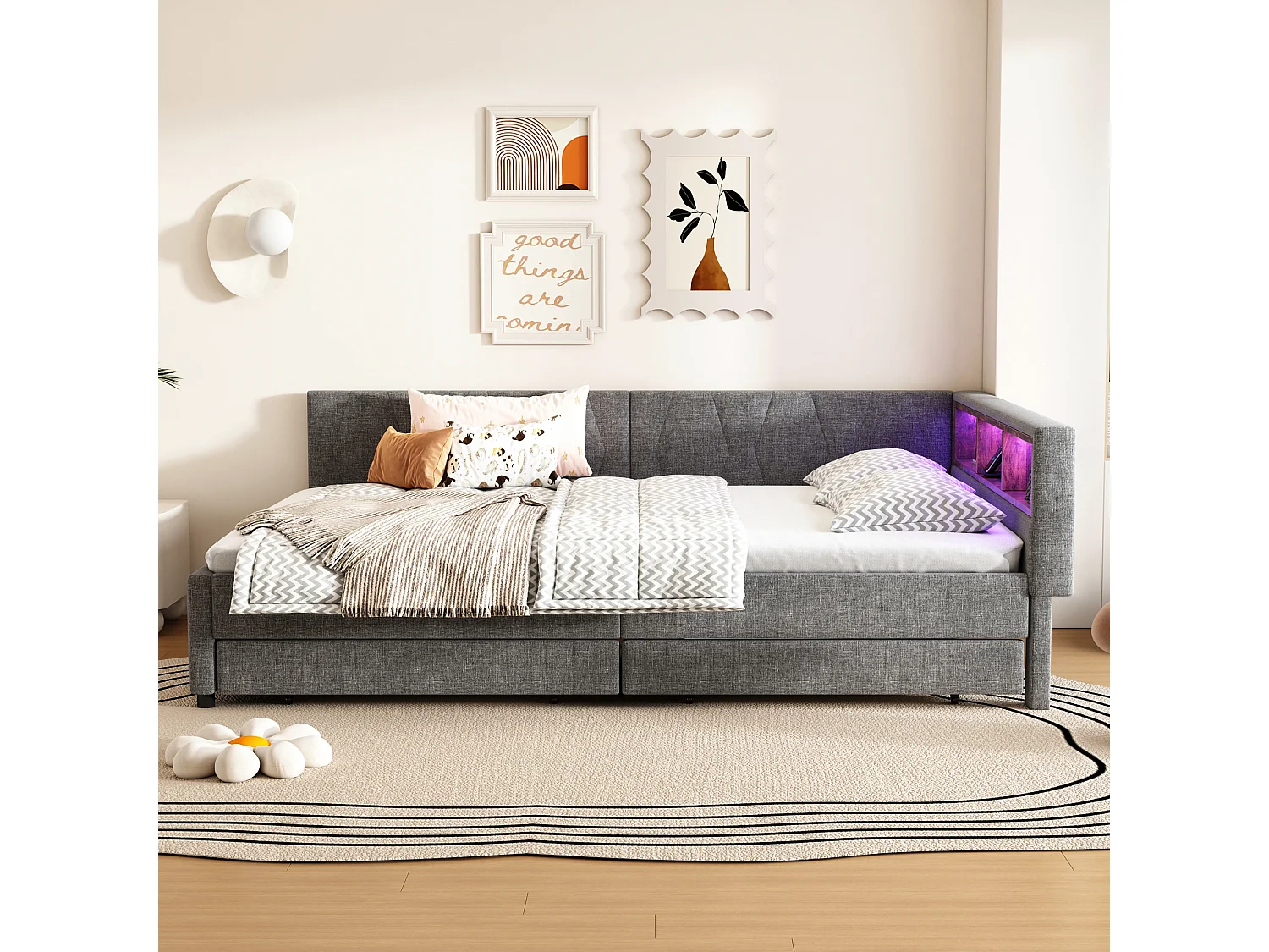 Lit banquette adulte 140x200cm gris en lin avec 2 tiroirs, LED et USB, sommier à lattes, sans matelas
