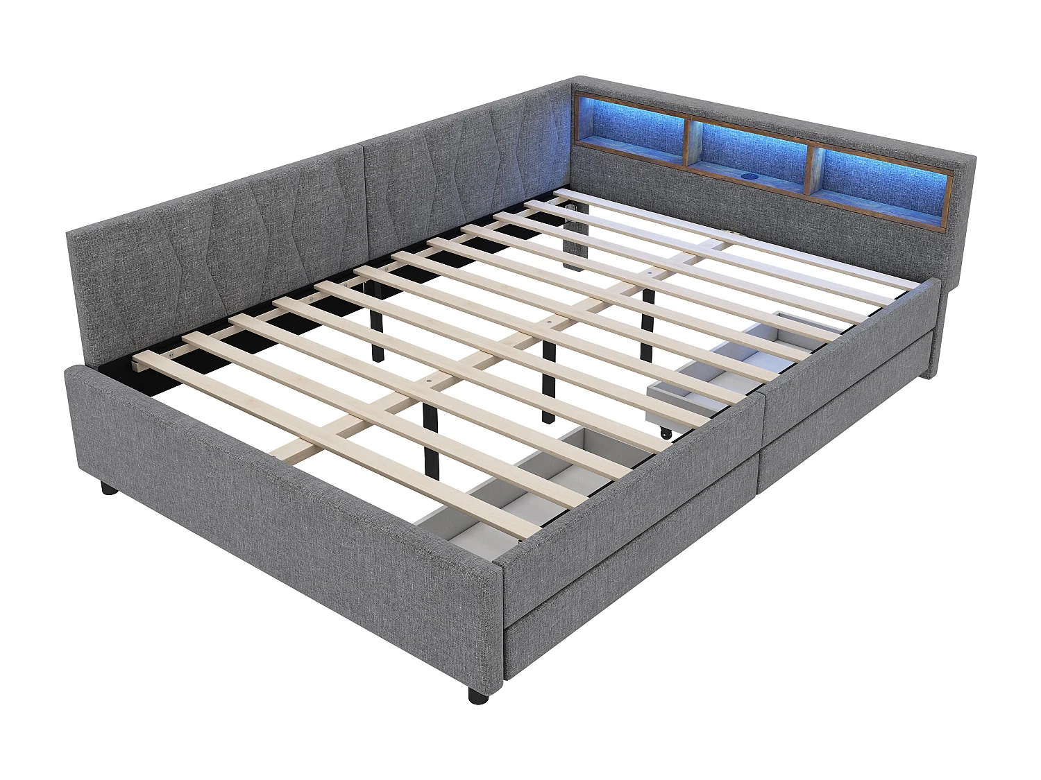 Lit banquette adulte 140x200cm gris en lin avec 2 tiroirs, LED et USB, sommier à lattes, sans matelas