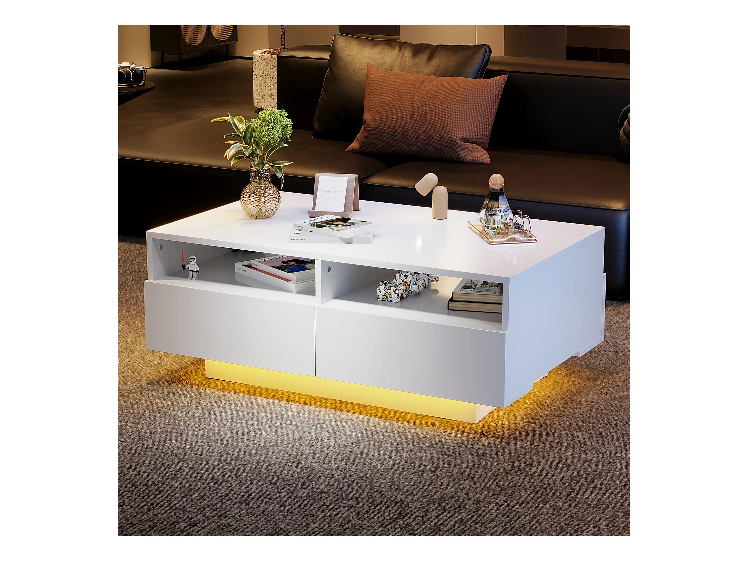 Tavolino rettangolare 90x55x35cm con 4 cassetti, corpo laccato bianco lucido, LED incluso