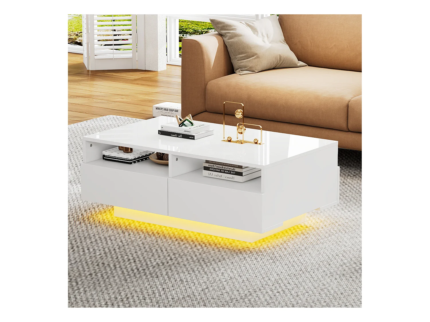 Tavolino rettangolare 90x55x35cm con 4 cassetti, corpo laccato bianco lucido, LED incluso