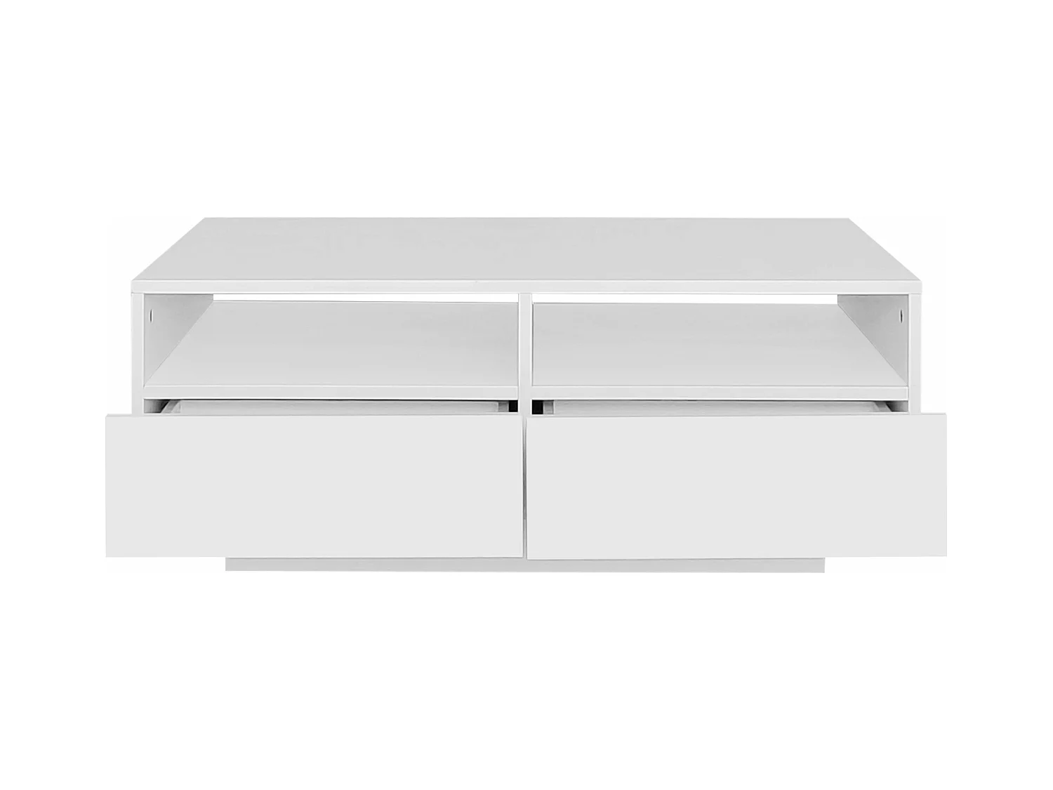 Tavolino rettangolare 90x55x35cm con 4 cassetti, corpo laccato bianco lucido, LED incluso