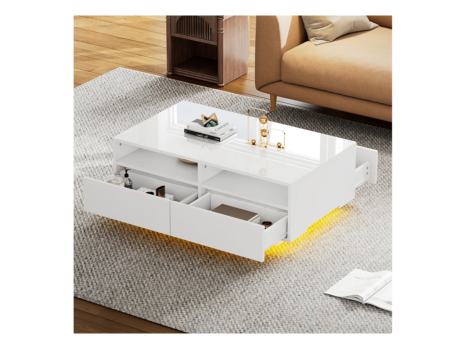 Table basse rectangle 90x55x35cm avec 4 tiroirs, corps en blanc laqué brillant, LED inclus