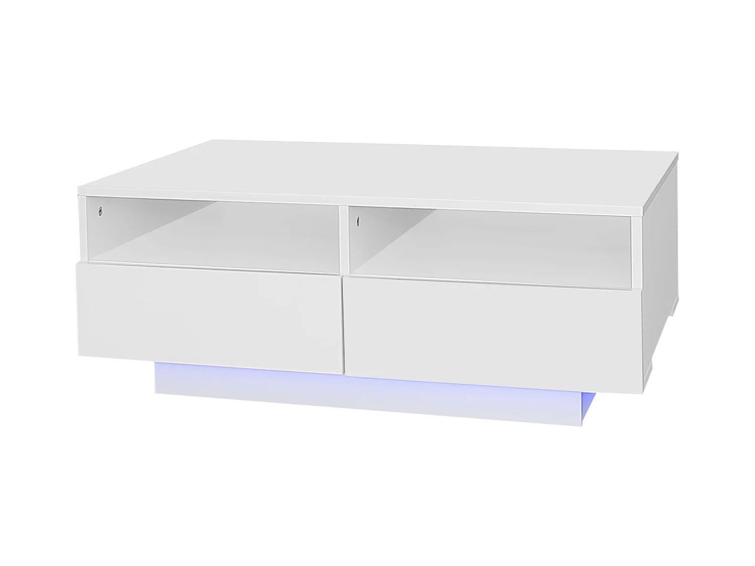Table basse rectangle 90x55x35cm avec 4 tiroirs, corps en blanc laqué brillant, LED inclus