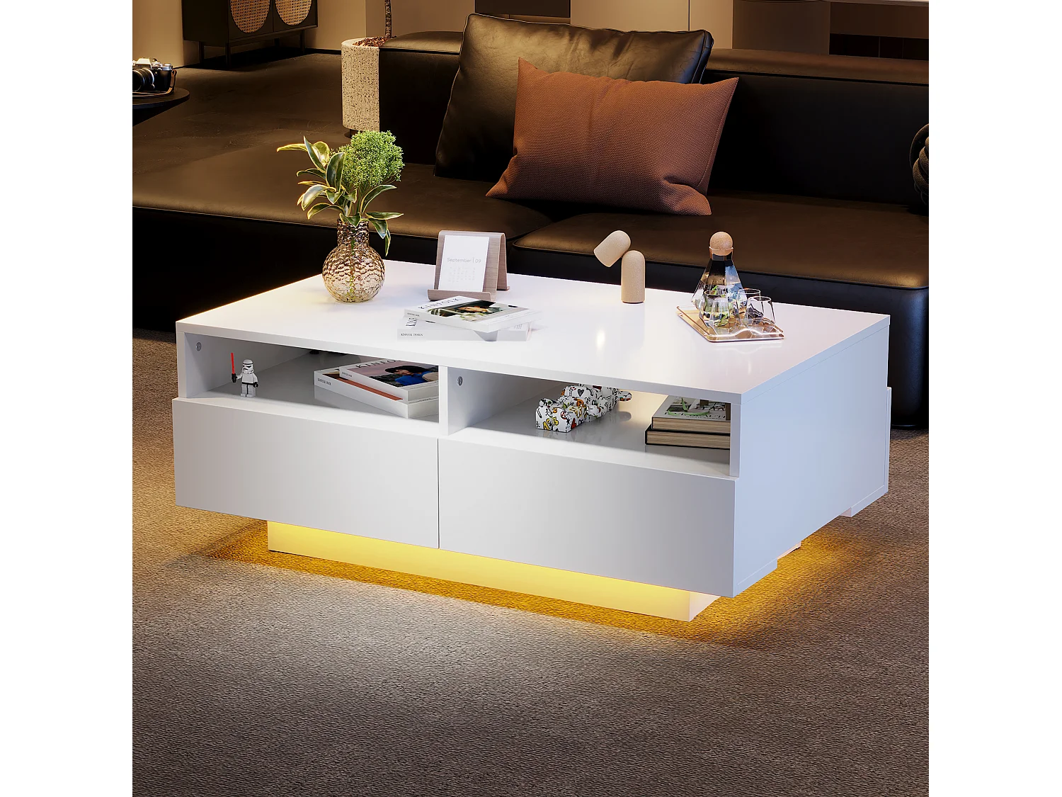 Rechthoekige salontafel 90x55x35cm met 4 lades, frame in hoogglans witte lak, inclusief LED