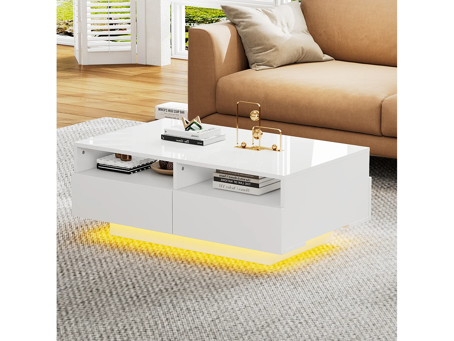 Rechthoekige salontafel 90x55x35cm met 4 lades, frame in hoogglans witte lak, inclusief LED