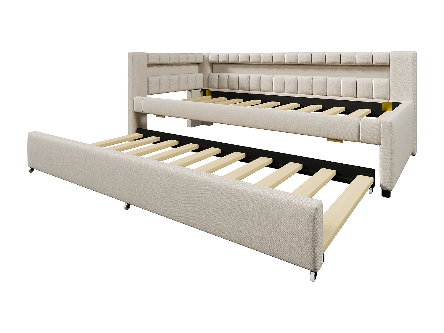 Lit banquette enfant 90x200cm avec lit gigogne 90x190cm, LED et USB, sommier à lattes, en lin beige, sans matelas
