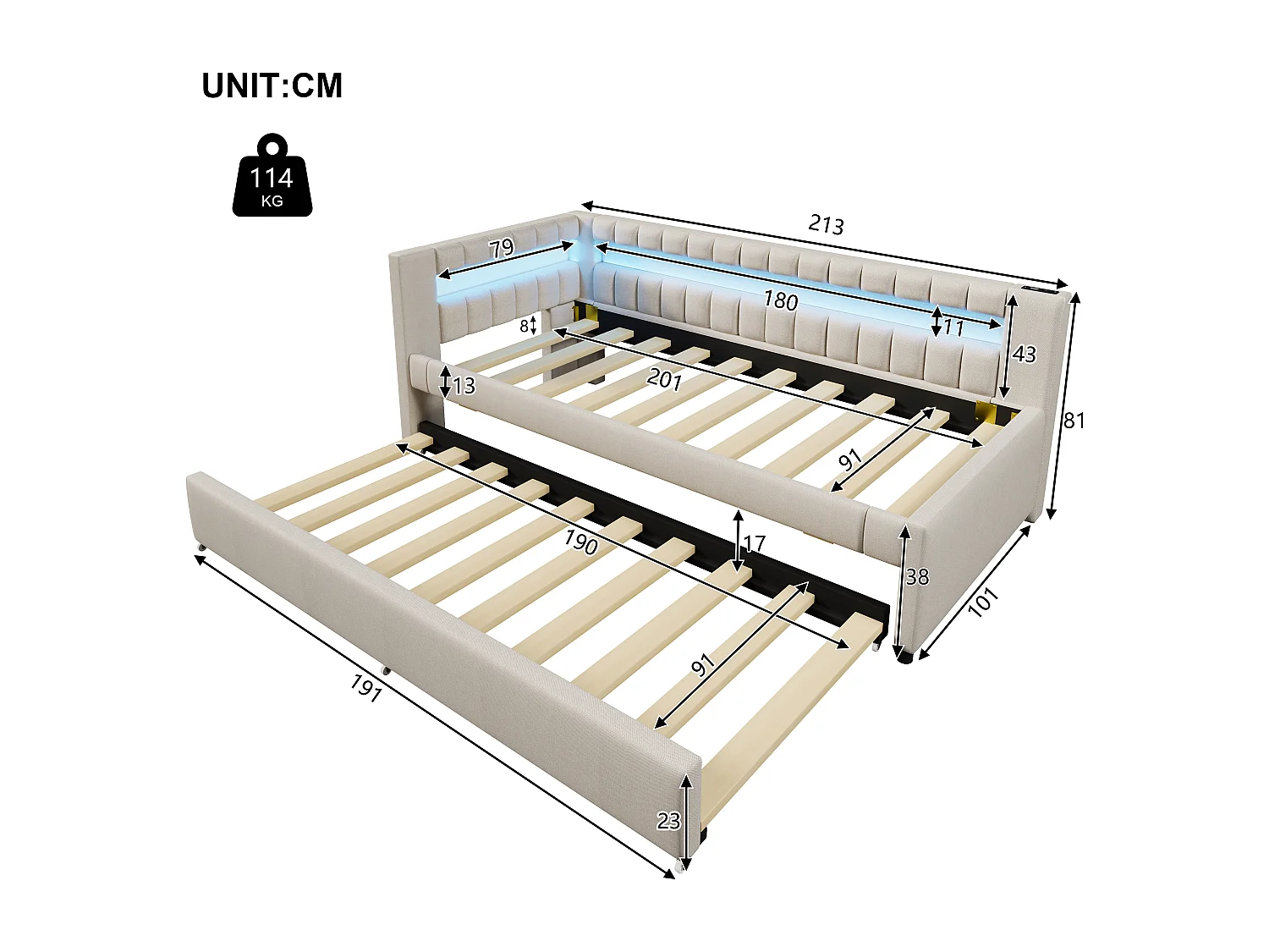 Lit banquette enfant 90x200cm avec lit gigogne 90x190cm, LED et USB, sommier à lattes, en lin beige, sans matelas